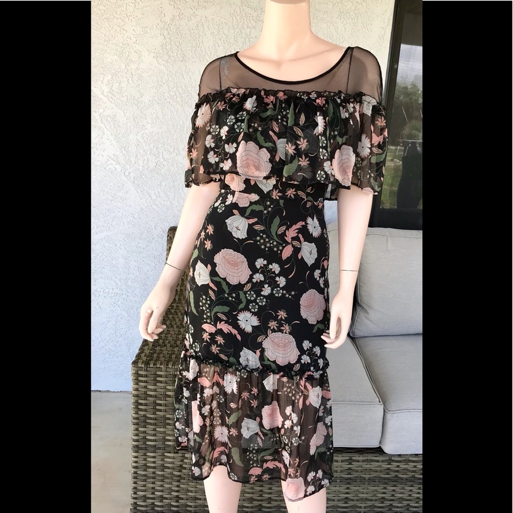 BB Dakota Rella Black Floral Ruffle Dress.